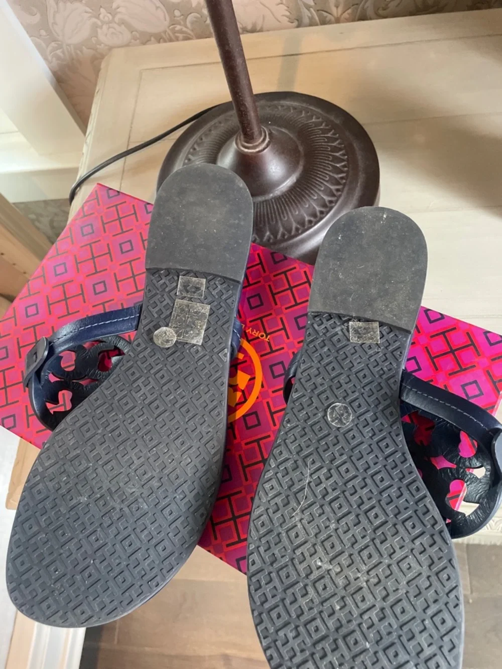 Tory Burch Navy Miller Embellished Leather Sandals Crystals Jeweled 10 Shoes - Picture 4 of 7